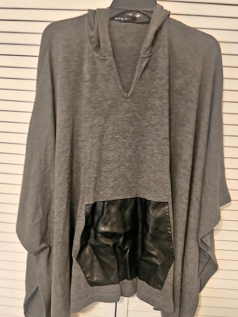 Karen Kane Hooded Poncho with Faux Leather Pocket Gray & Black Medium